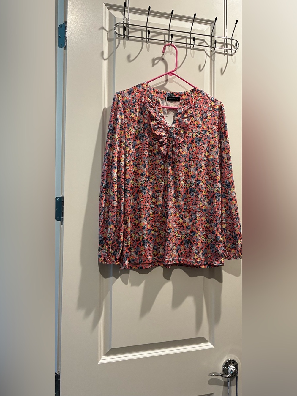 Floral Ruffle-Neck Long Sleeve Floral Top - Pink